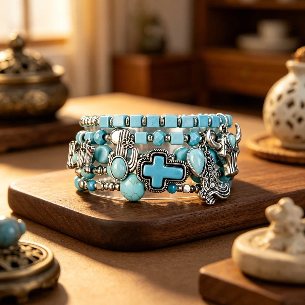 Boho Vintage Turquoise Cross & Charm Bracelet Set