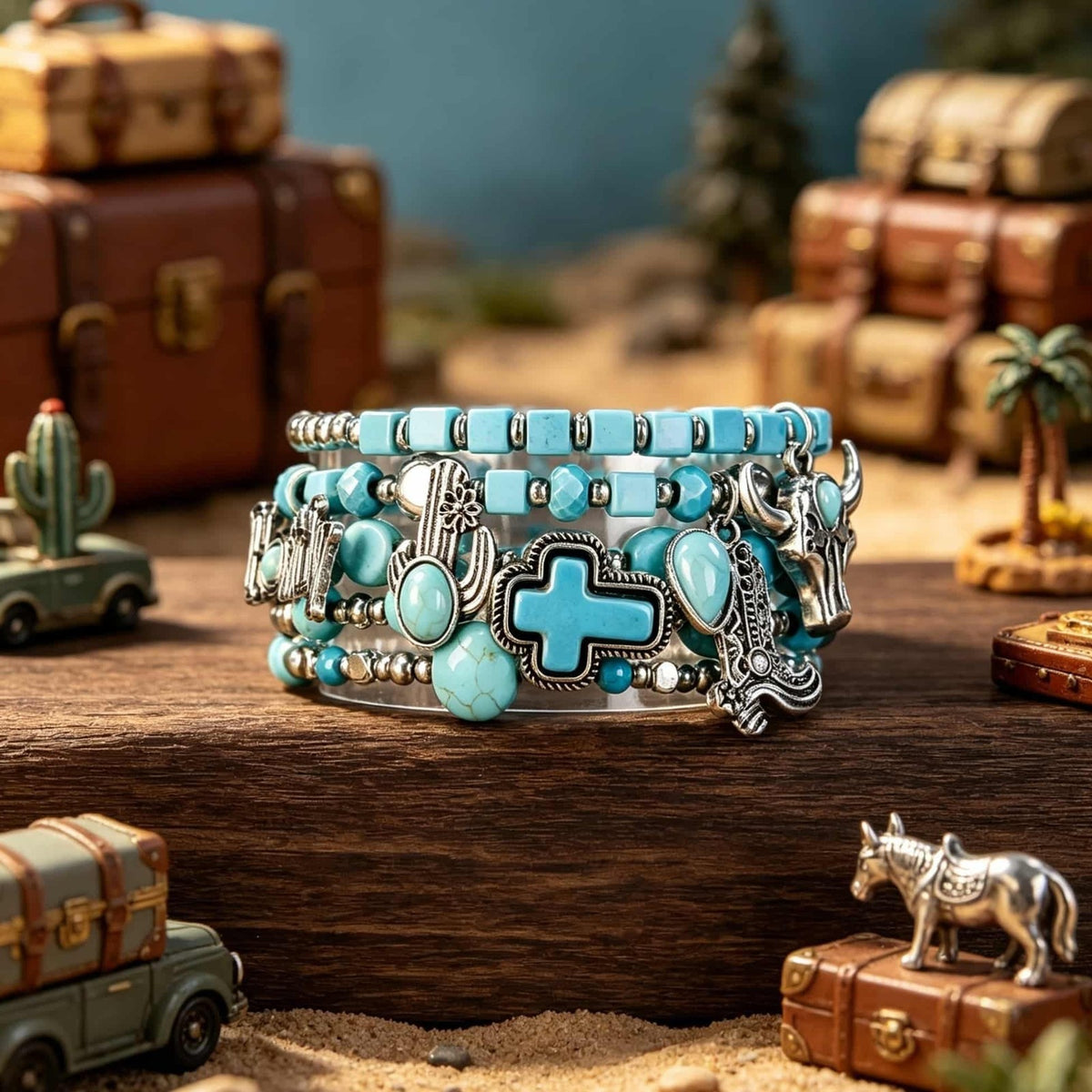 Boho Vintage Turquoise Cross & Charm Bracelet Set