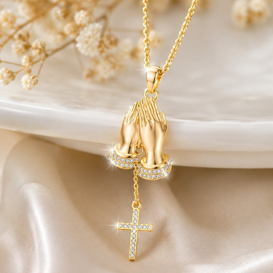 Dainty Prayer Hand Cross Necklace