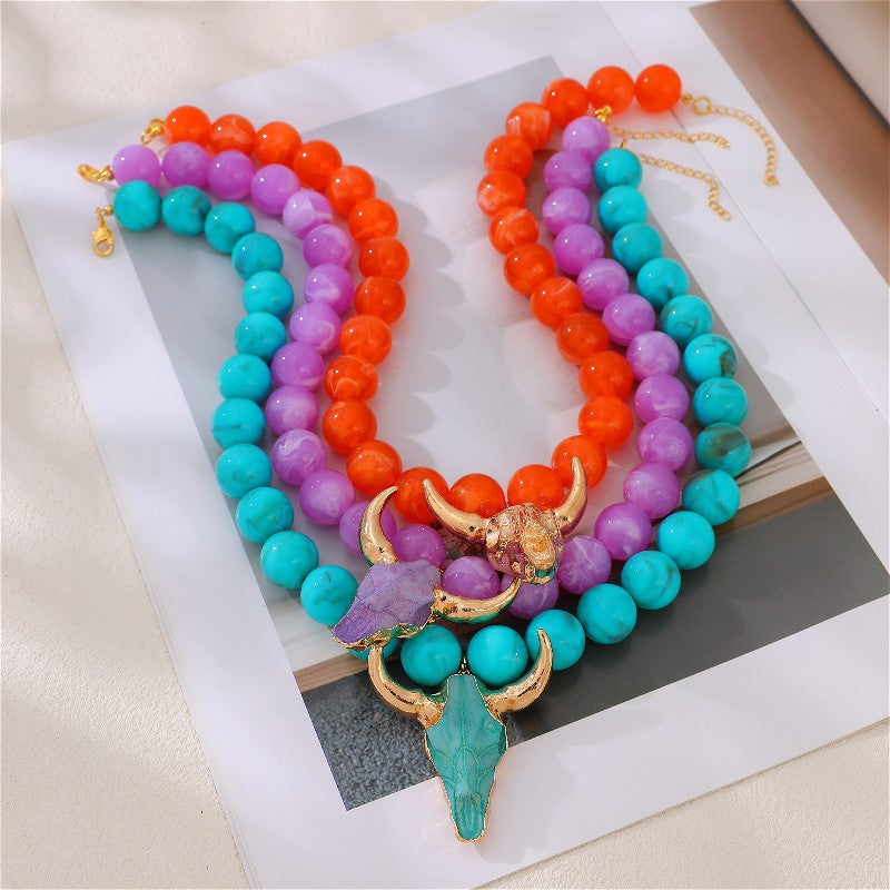 Boho Multi-Color Beaded Bull Skull Necklace