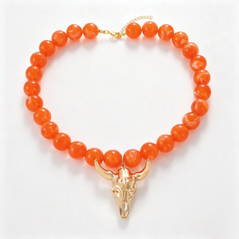 Boho Multi-Color Beaded Bull Skull Necklace
