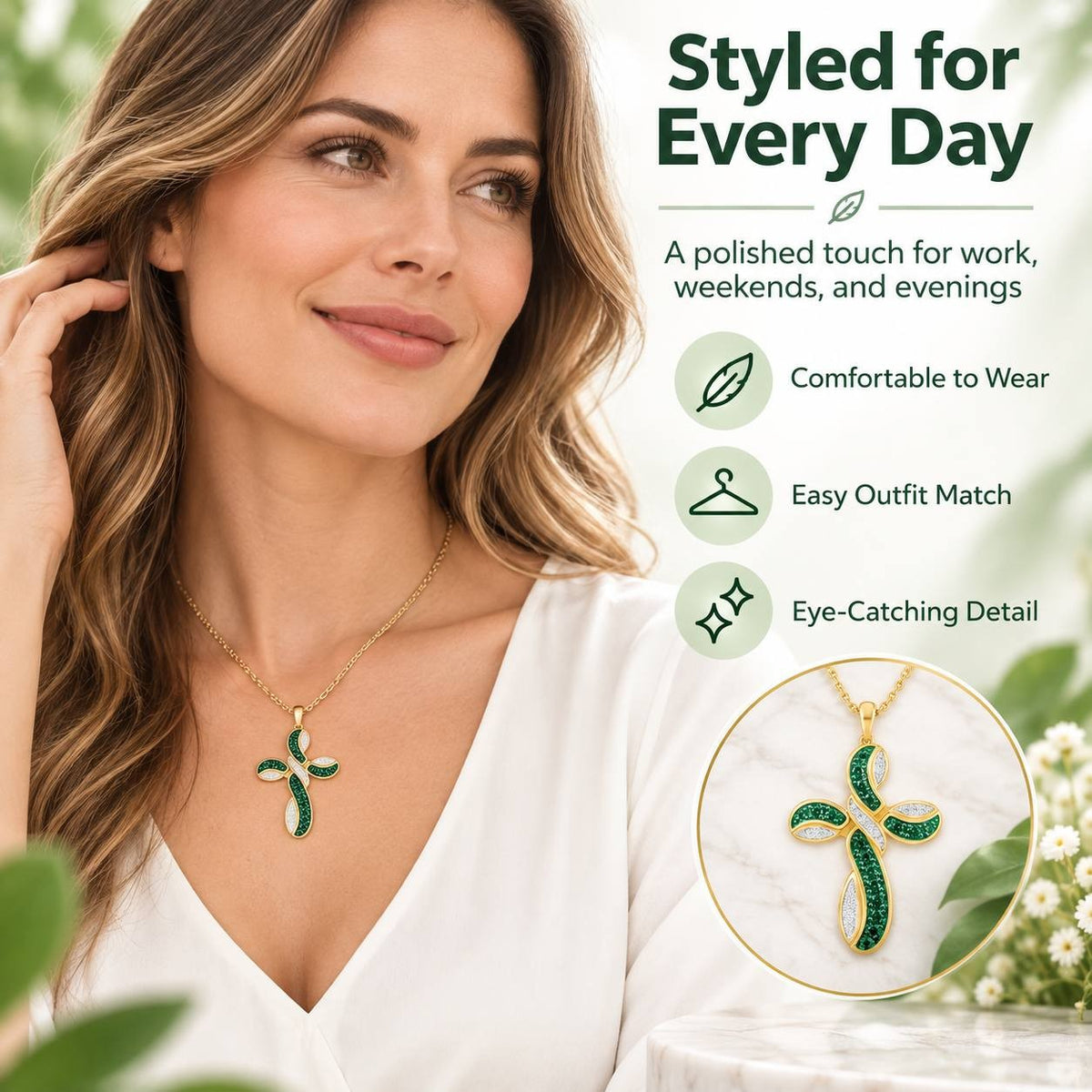 Elegant Green Zircon Cross Necklace