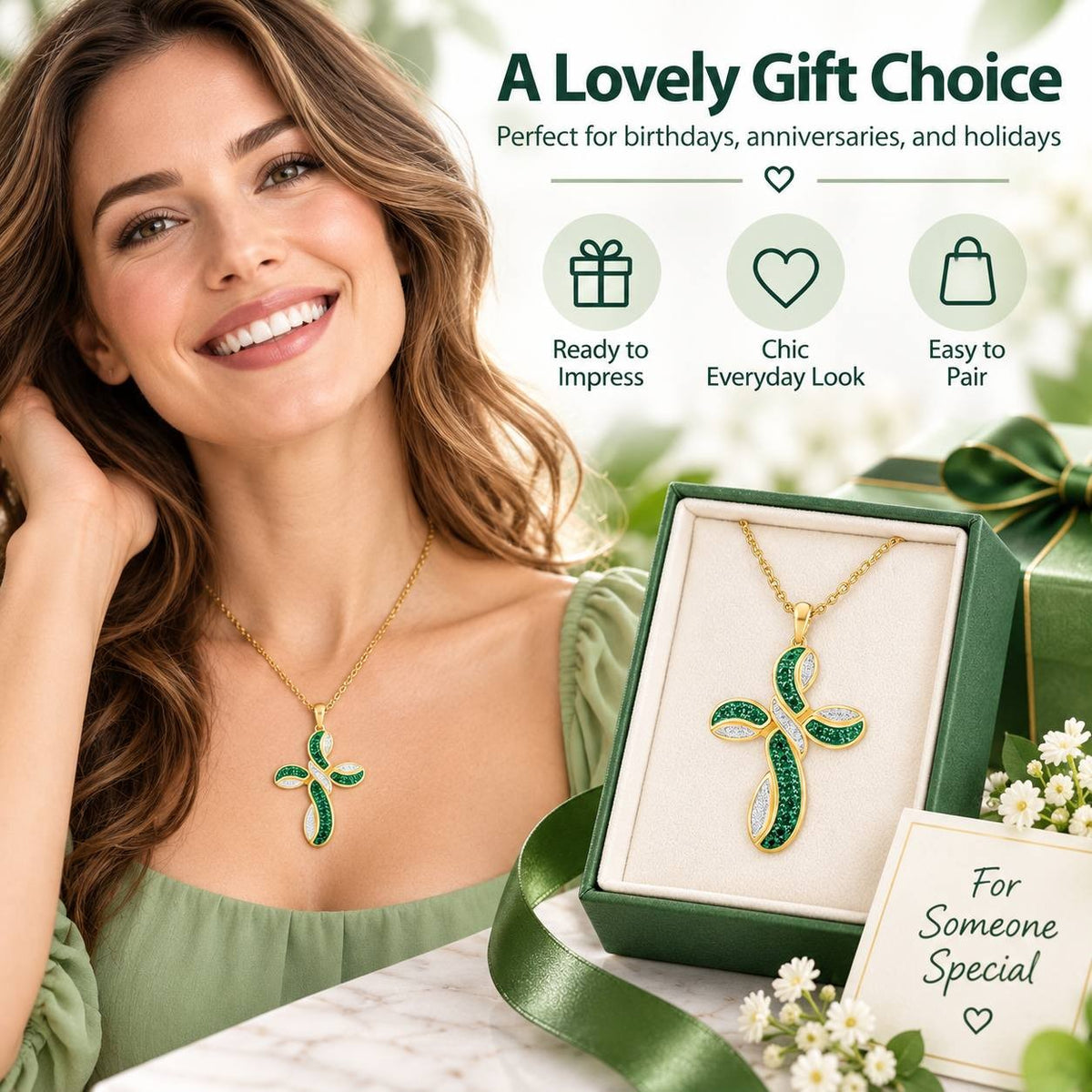 Elegant Green Zircon Cross Necklace