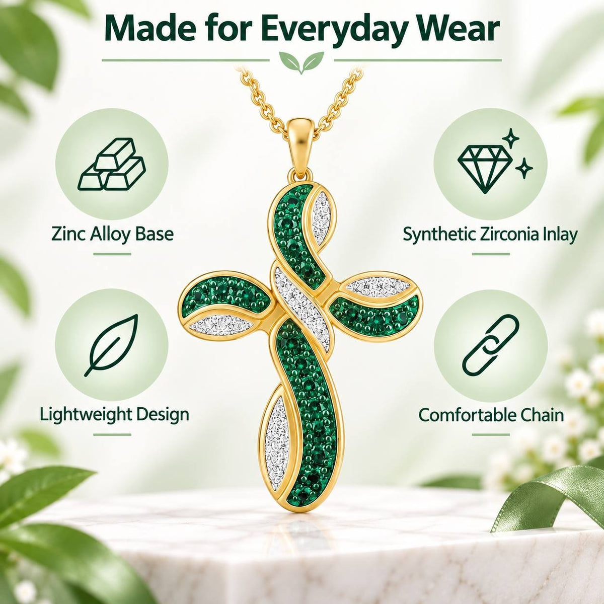 Elegant Green Zircon Cross Necklace