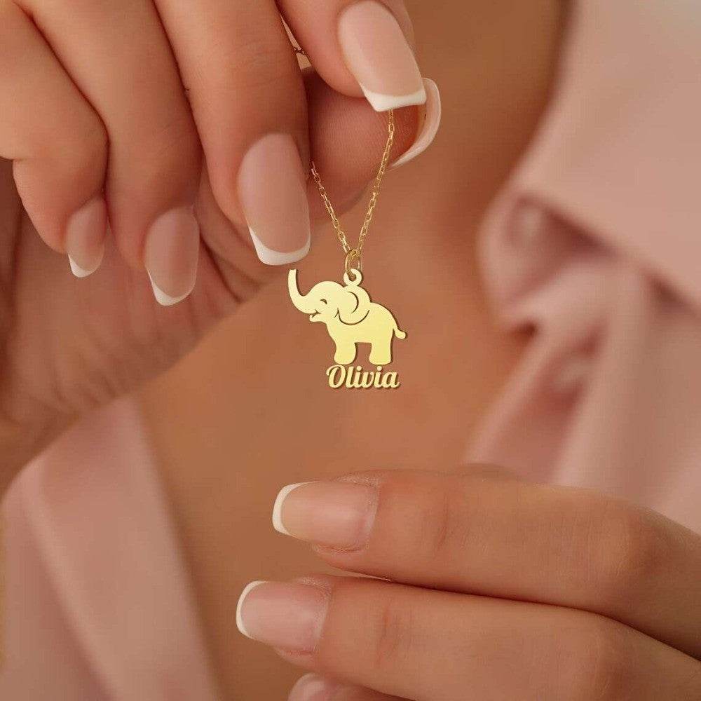 18k Dainty Custom Elephant Name Necklace