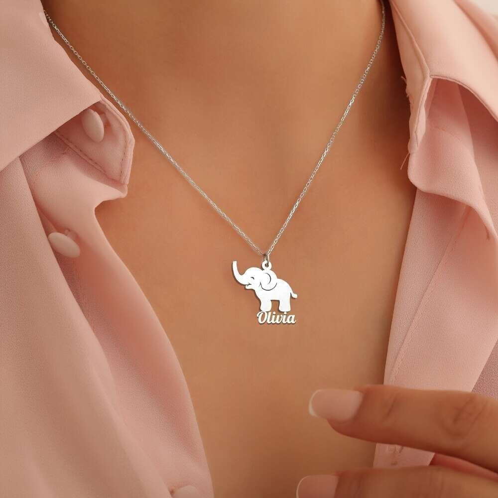 18k Dainty Custom Elephant Name Necklace