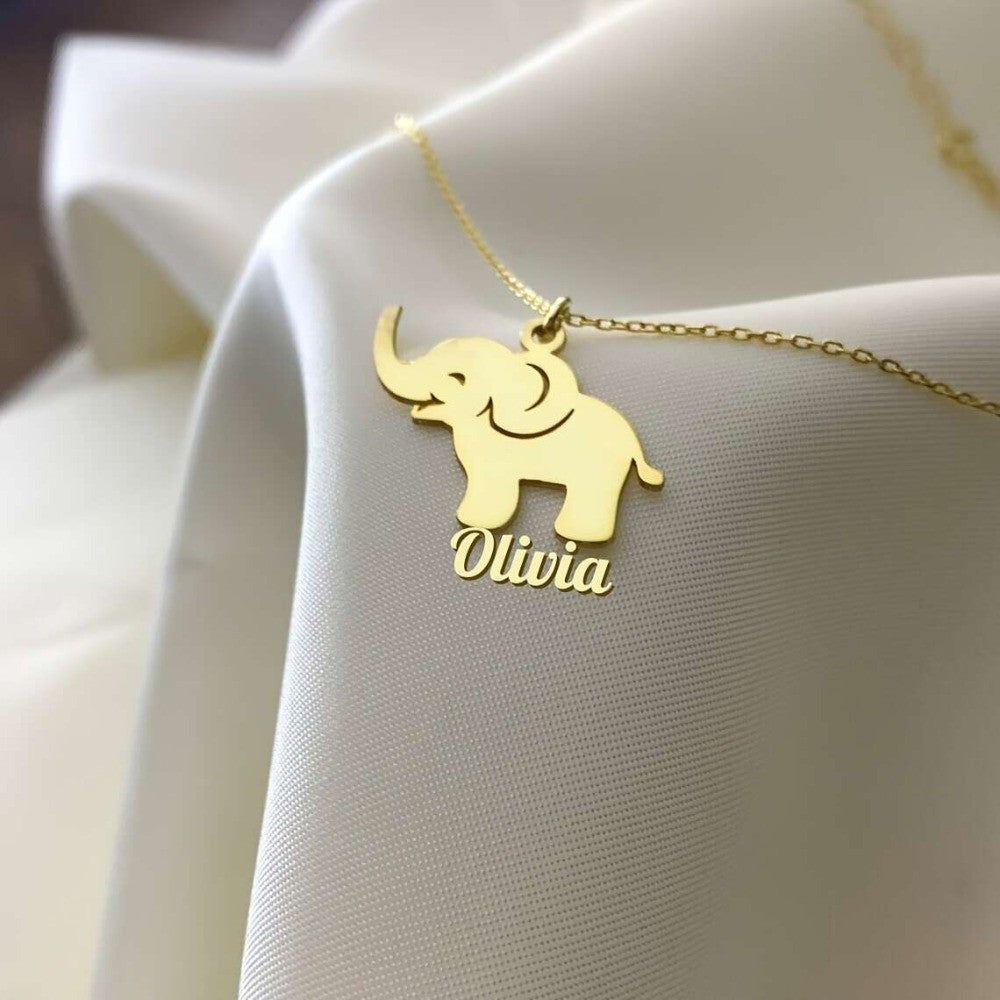 18k Dainty Custom Elephant Name Necklace