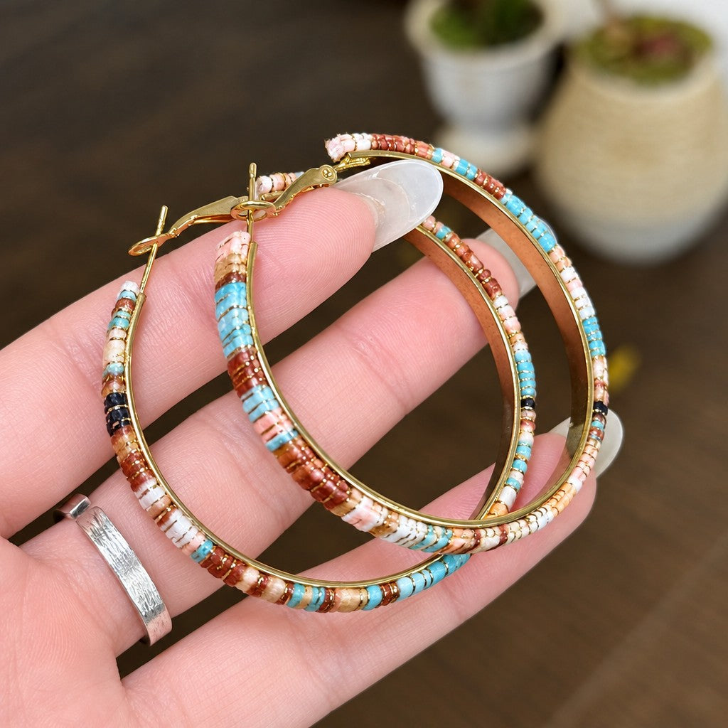 Boho Colorful Stone Large Hoop Earrings