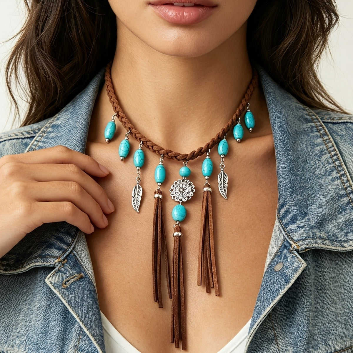 Boho Braided Turquoise Feather Necklace