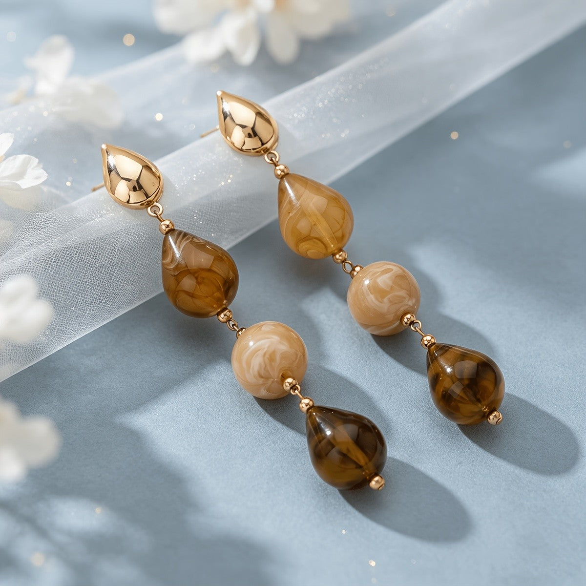 Boho Marbled Amber Teardrop Dangle Earrings