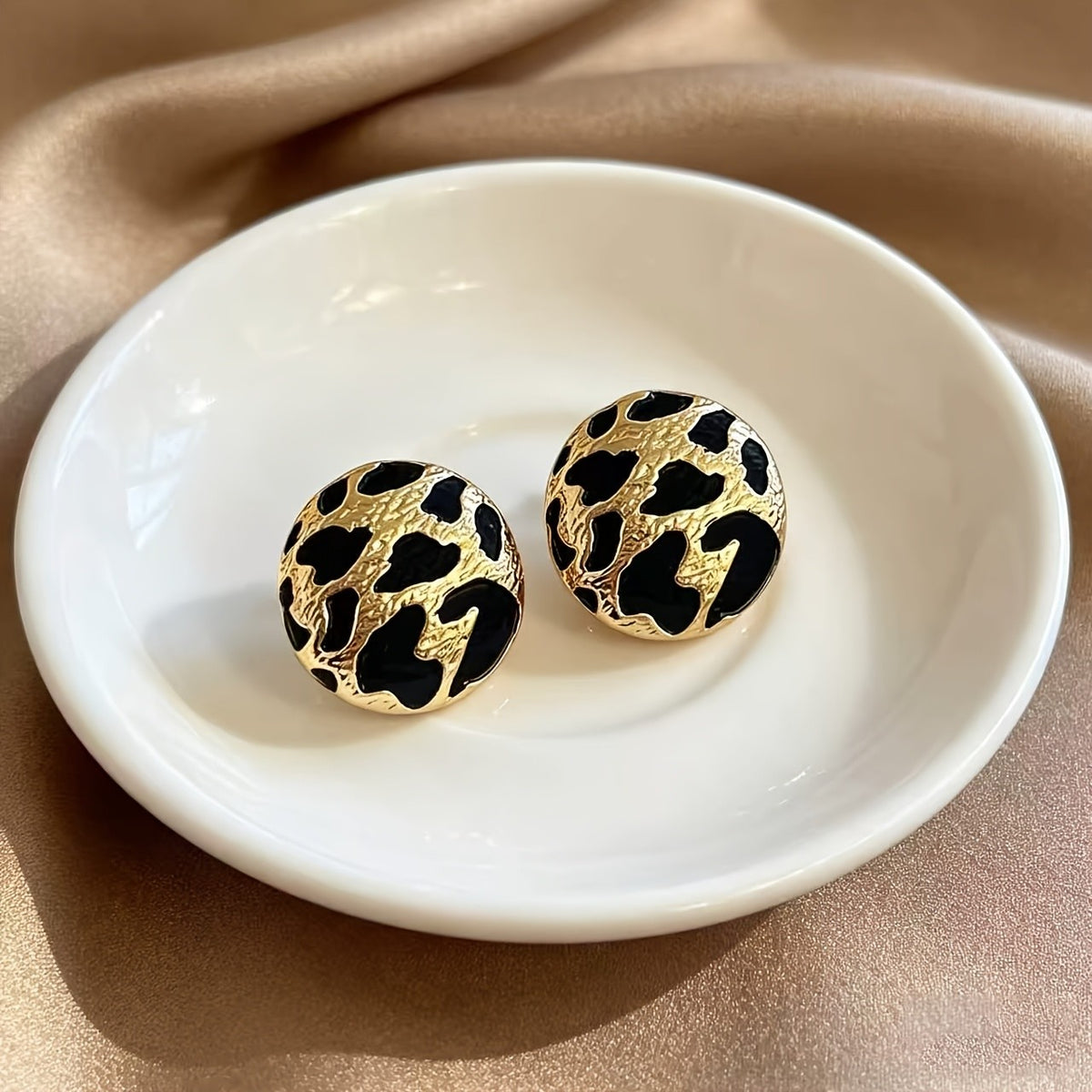 Vintage Leopard Print Disc Stud Earrings