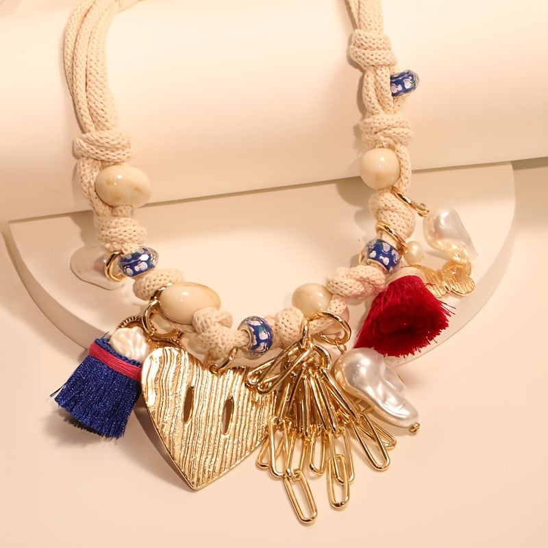 Boho Braided Faux Pearl Heart Tassel Necklace
