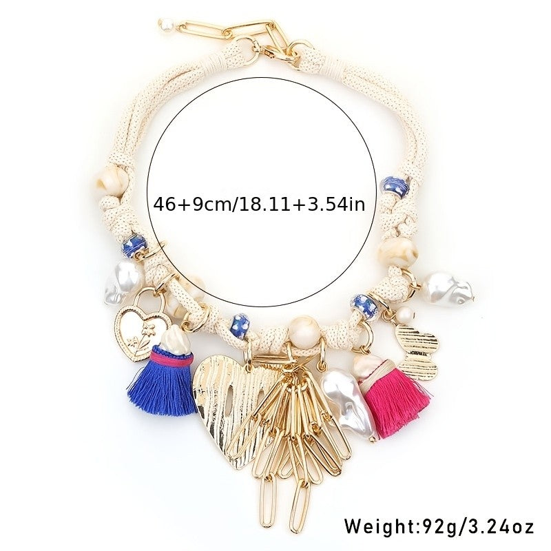 Boho Braided Faux Pearl Heart Tassel Necklace