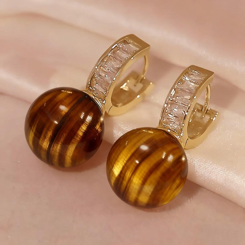 Boho Tiger Eye Sphere Hoop Earrings