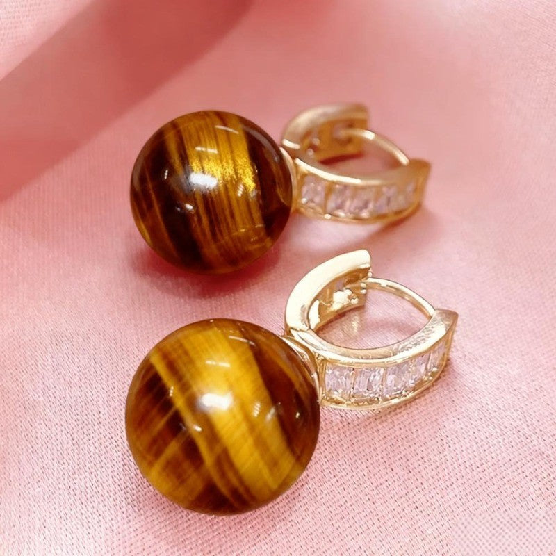 Boho Tiger Eye Sphere Hoop Earrings
