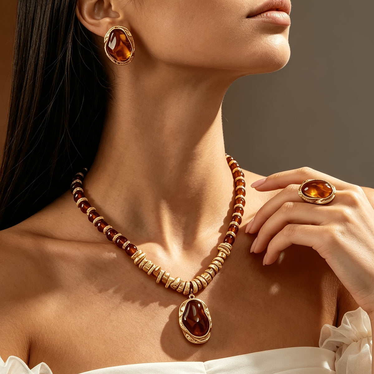 Boho Amber Resin Necklace, Earring & Ring Set