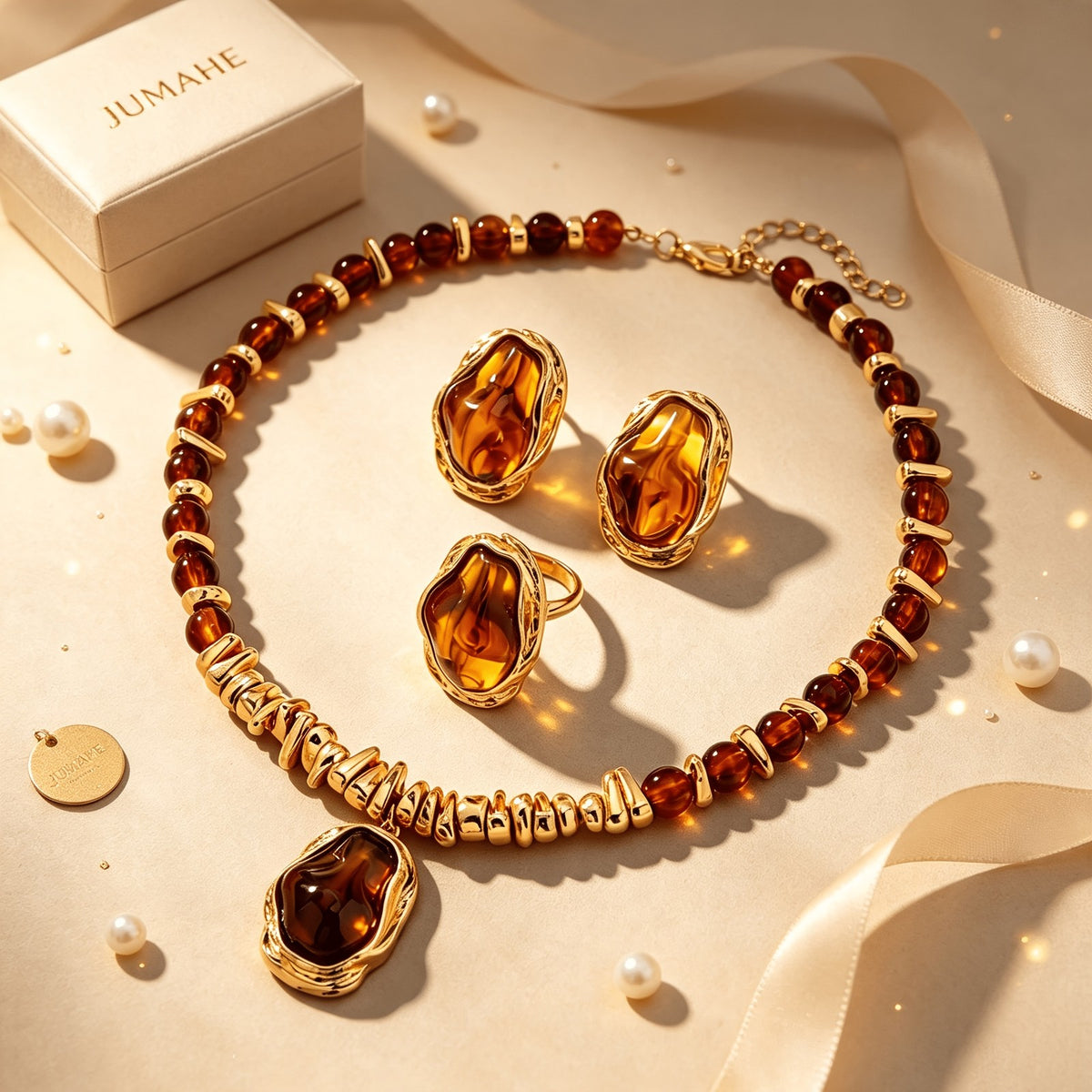 Boho Amber Resin Necklace, Earring & Ring Set