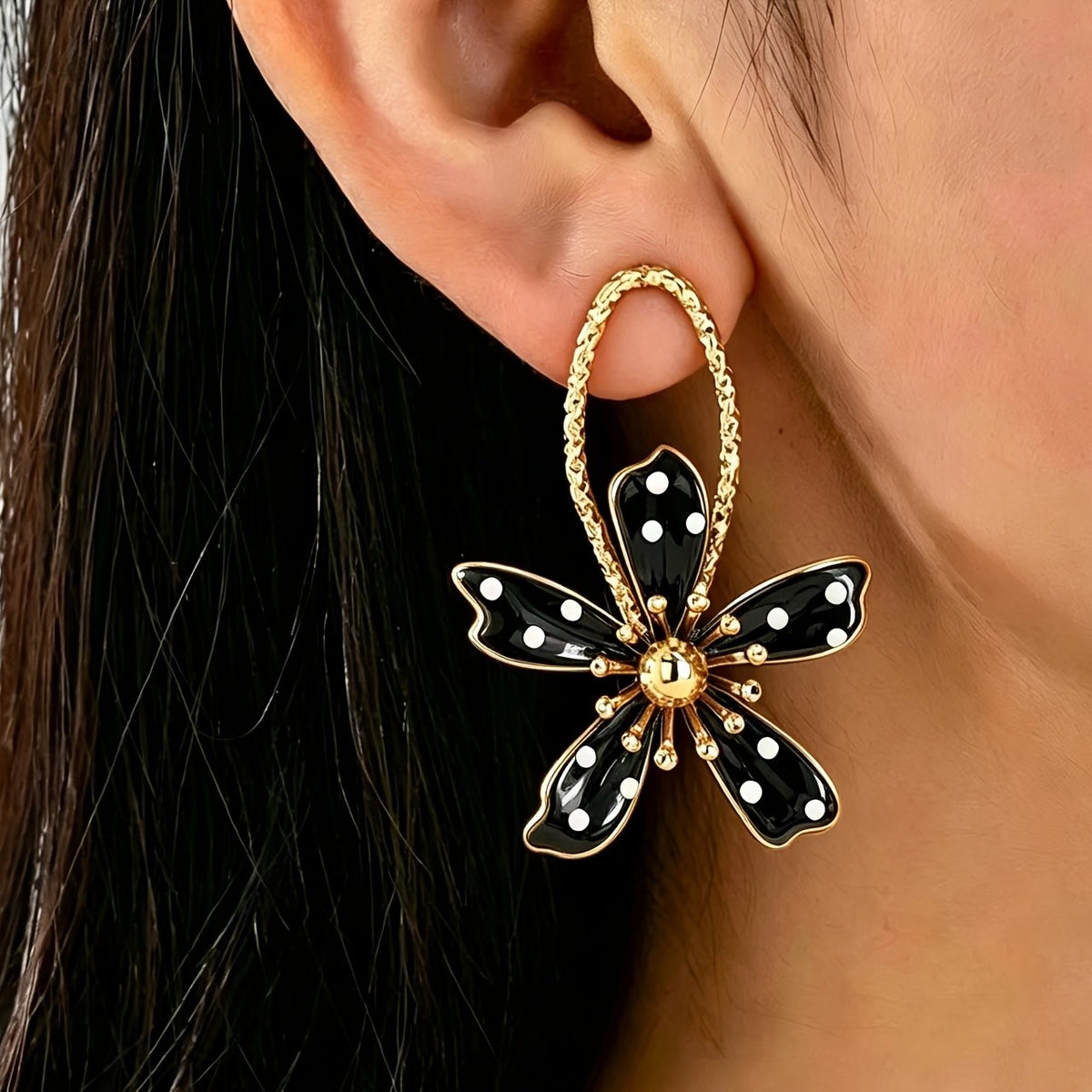 Classy Black Polka Dot Flower Drop Earrings