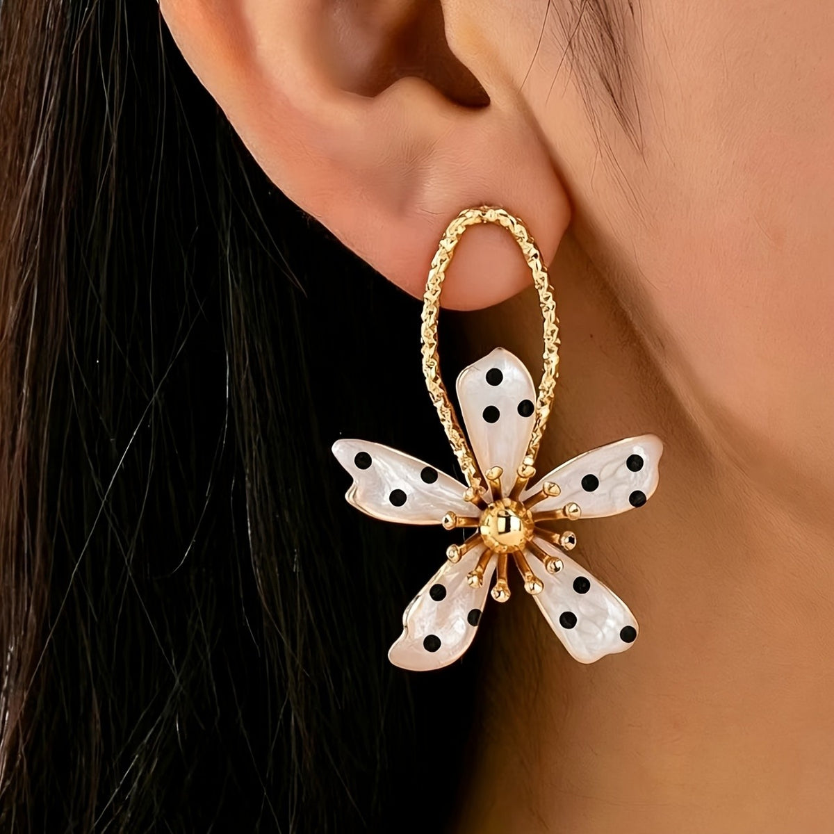 Classy Black Polka Dot Flower Drop Earrings