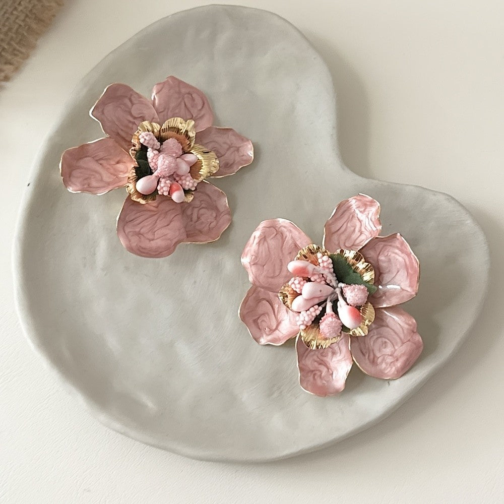 Romantic Pink Camellia Flower Earrings