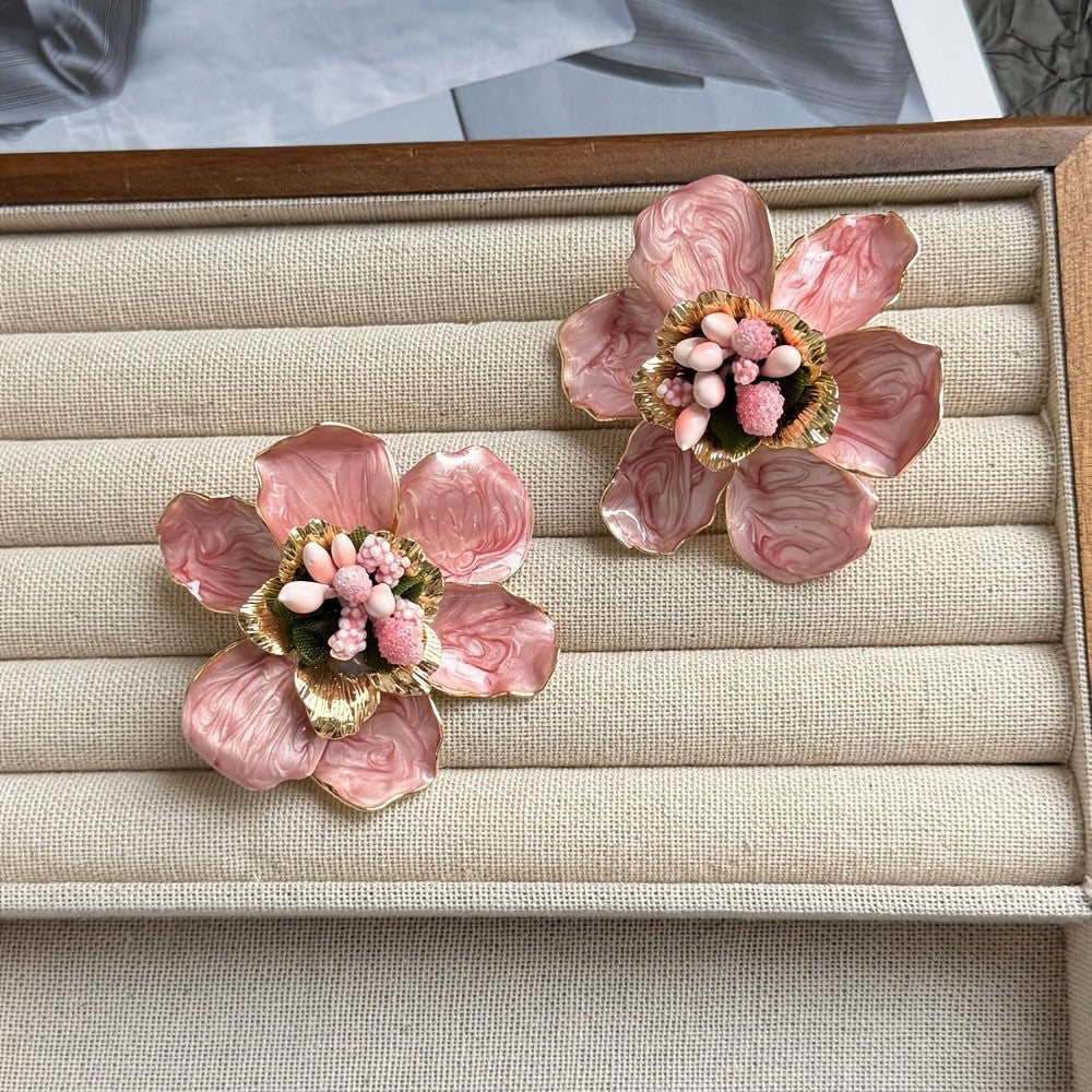 Romantic Pink Camellia Flower Earrings