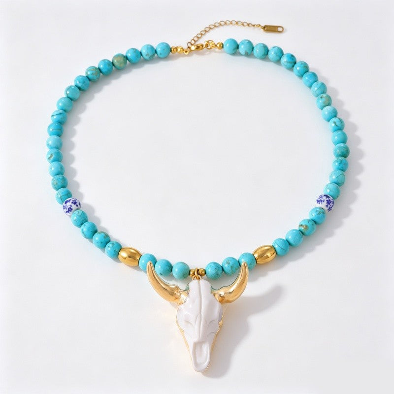 18k Boho Layered Turquoise Bull Skull Necklace