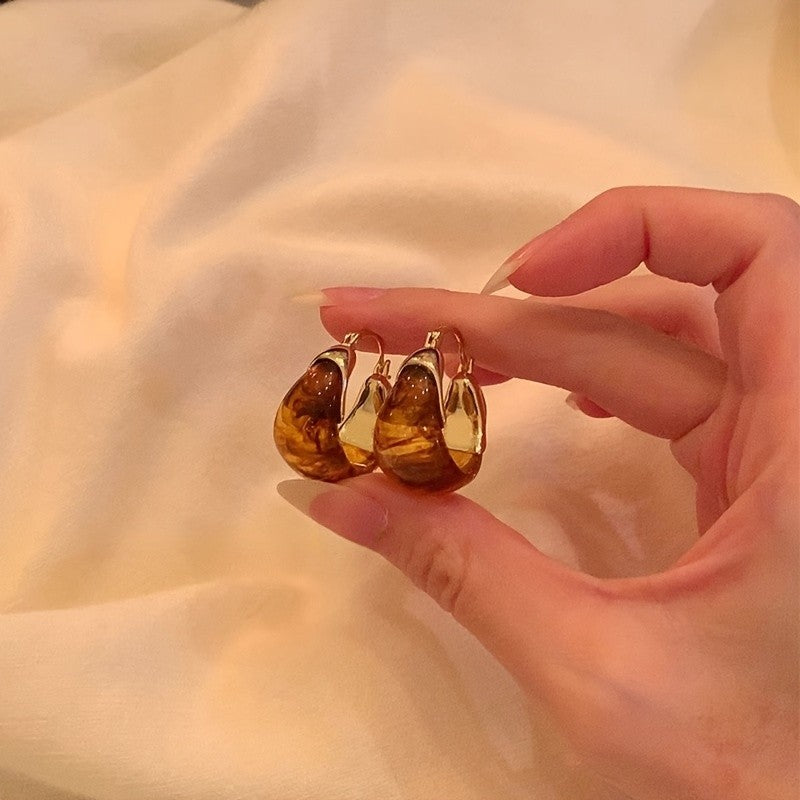 14k Vintage Amber Resin Hoop Earrings