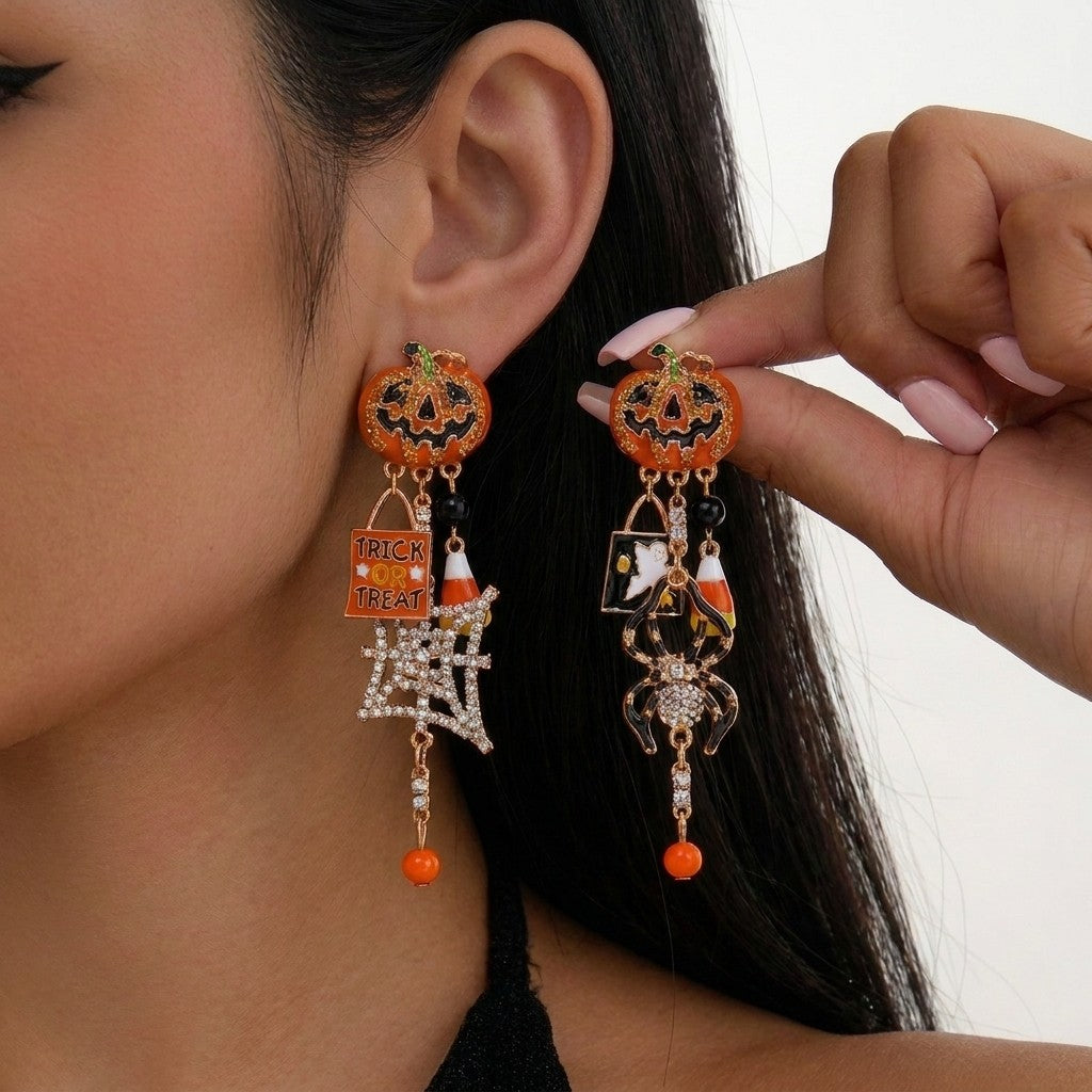 Boho Halloween Pumpkin Spiderweb Earrings