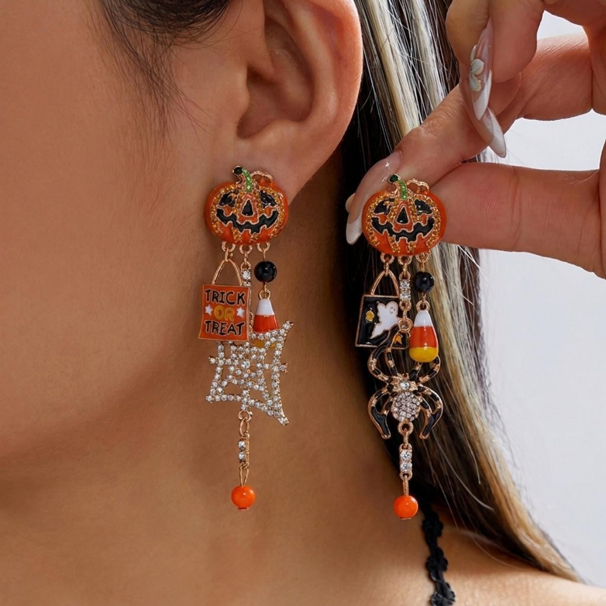 Boho Halloween Pumpkin Spiderweb Earrings