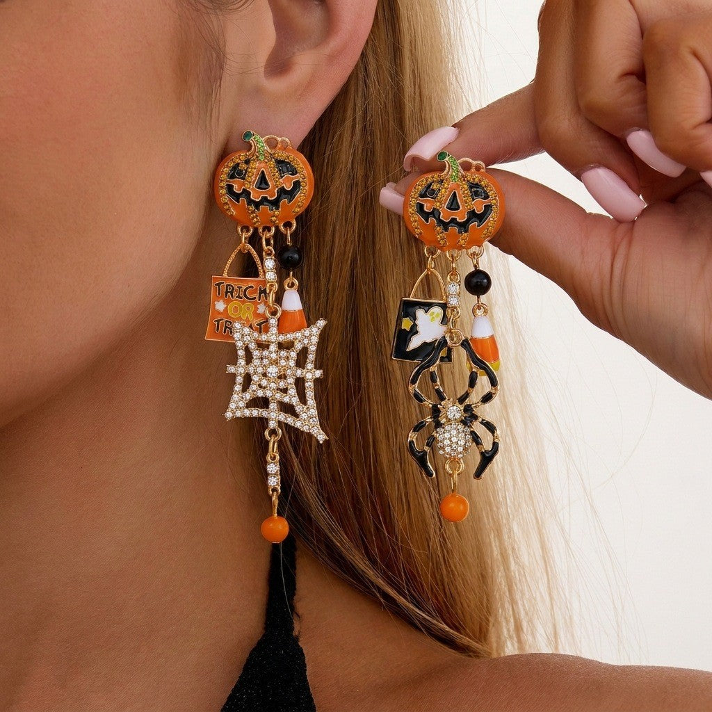 Boho Halloween Pumpkin Spiderweb Earrings