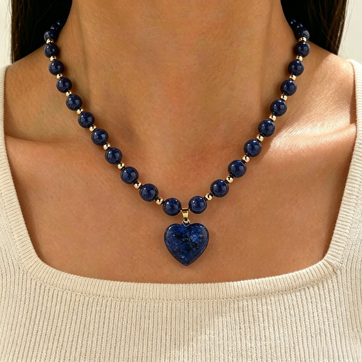 Vintage Boho Blue Bead Heart Necklace