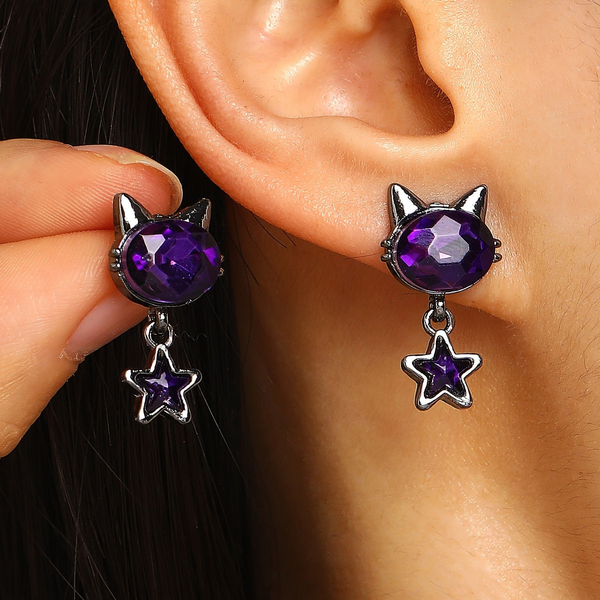 Cute Purple Cat Star Earrings
