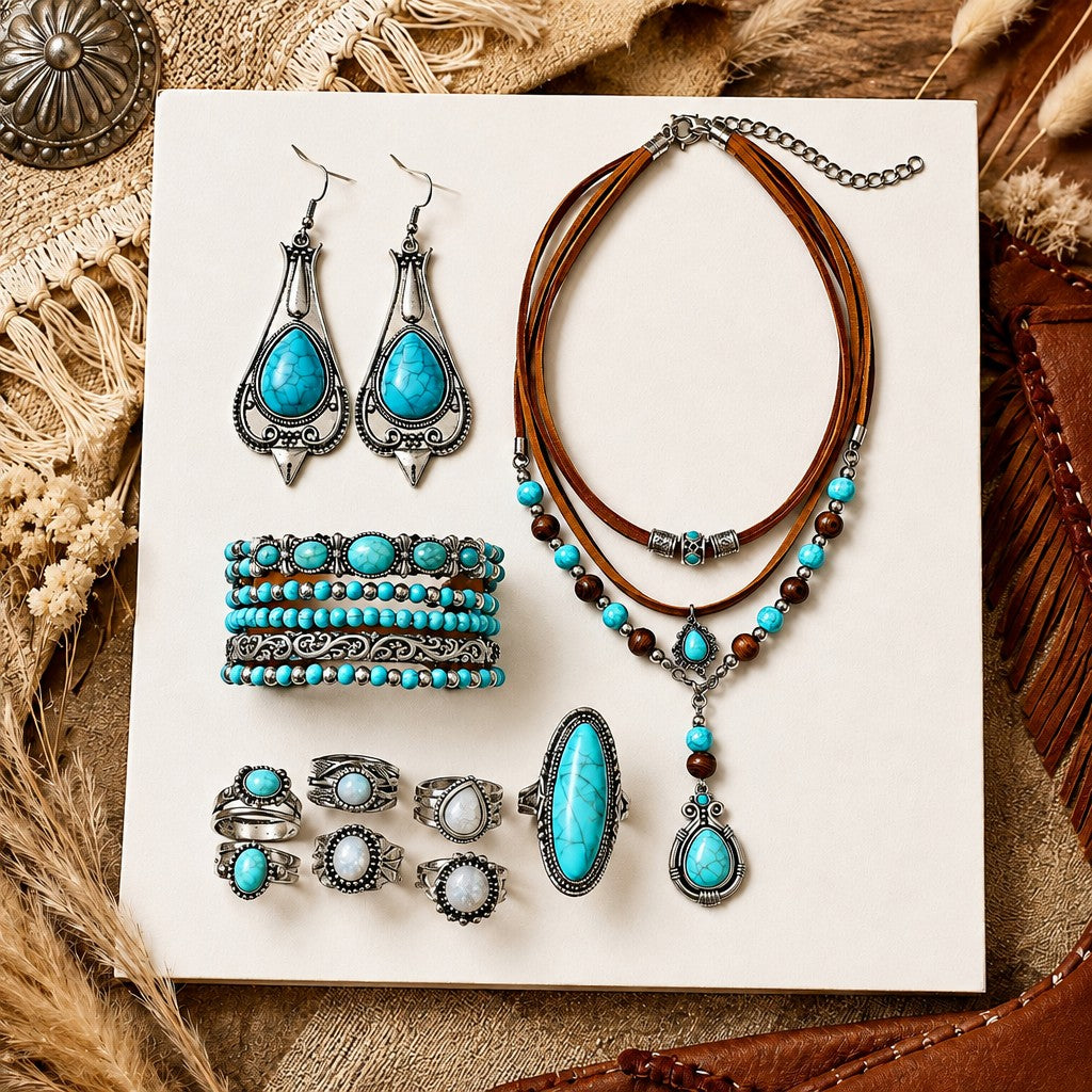 12pc Vintage Boho Turquoise Jewelry Set