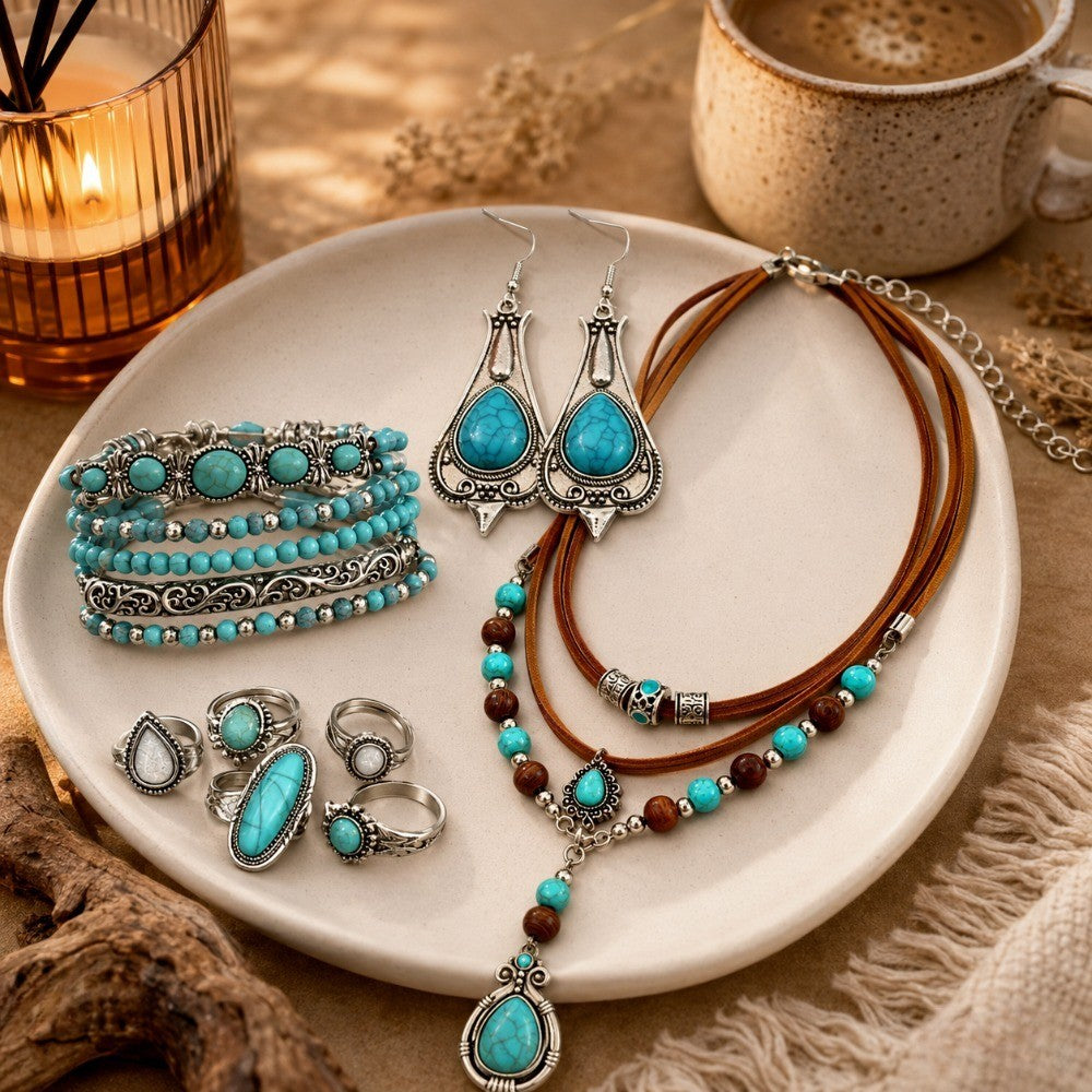 12pc Vintage Boho Turquoise Jewelry Set