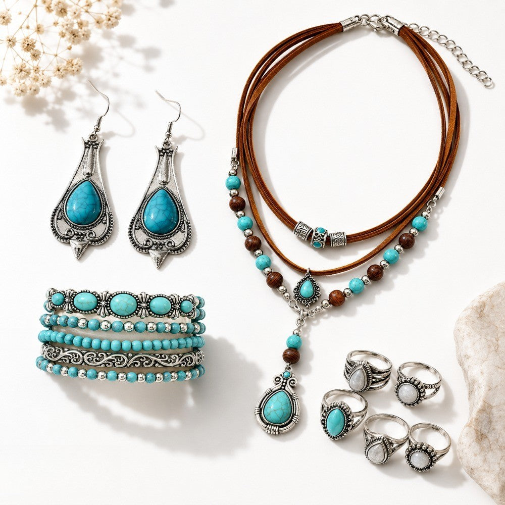 12pc Vintage Boho Turquoise Jewelry Set