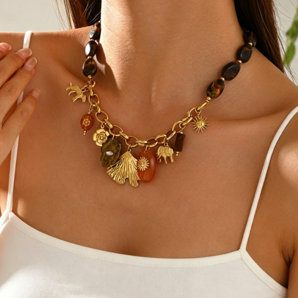 Vintage Boho Tiger Eye Bead Charm Necklace