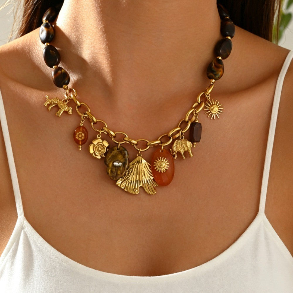 Vintage Boho Tiger Eye Bead Charm Necklace
