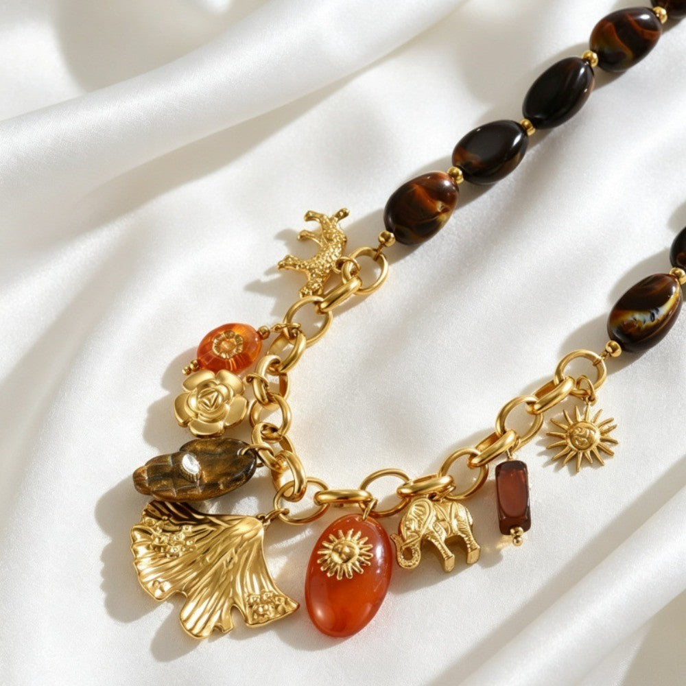 Vintage Boho Tiger Eye Bead Charm Necklace