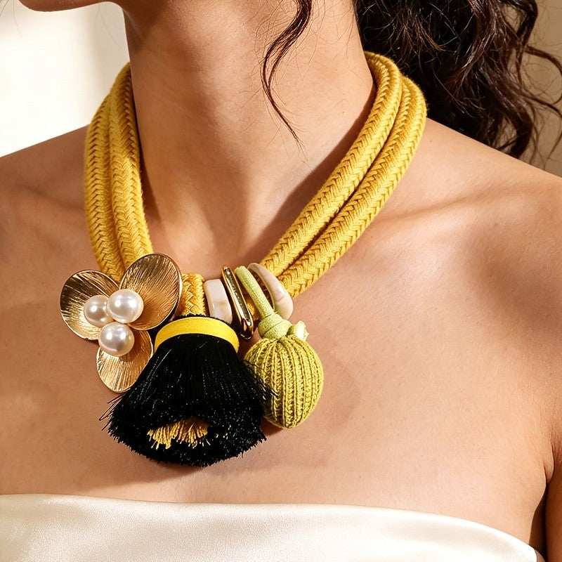 Boho Woven Rope Flower Tassel Necklace