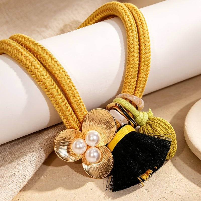 Boho Woven Rope Flower Tassel Necklace