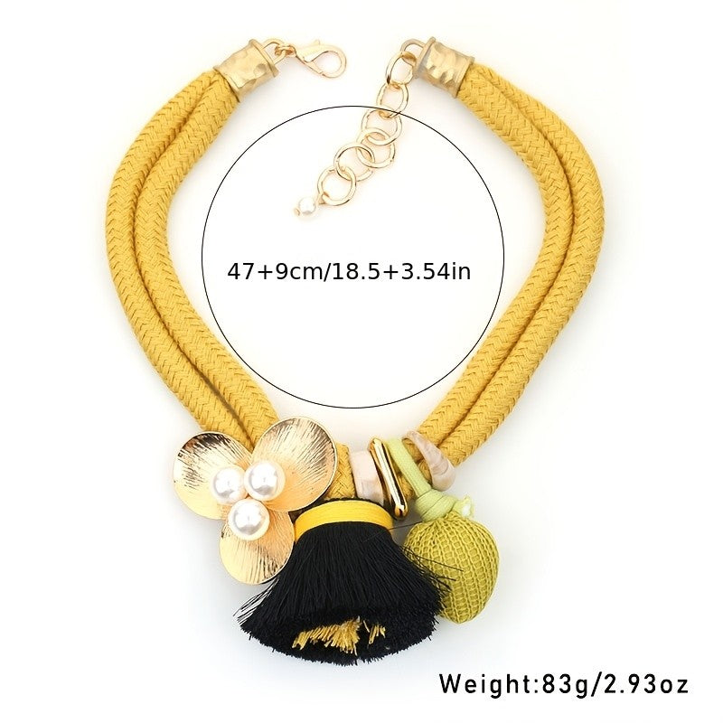 Boho Woven Rope Flower Tassel Necklace