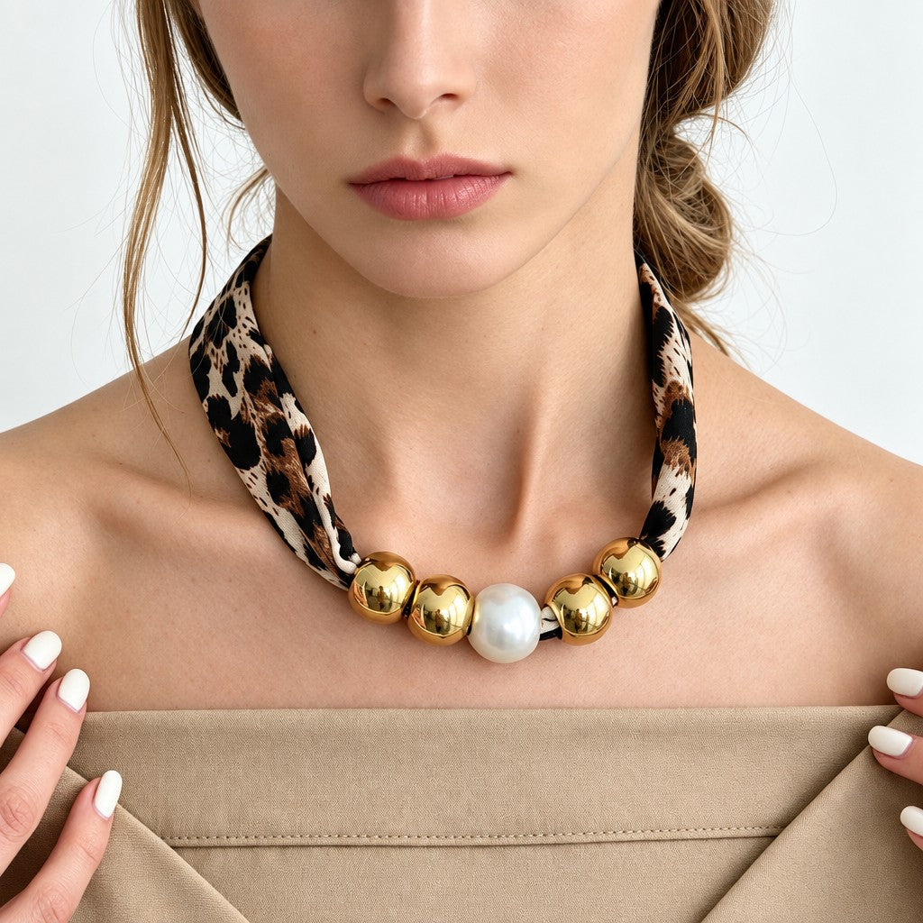Vintage Leopard Print Pearl Choker Necklace
