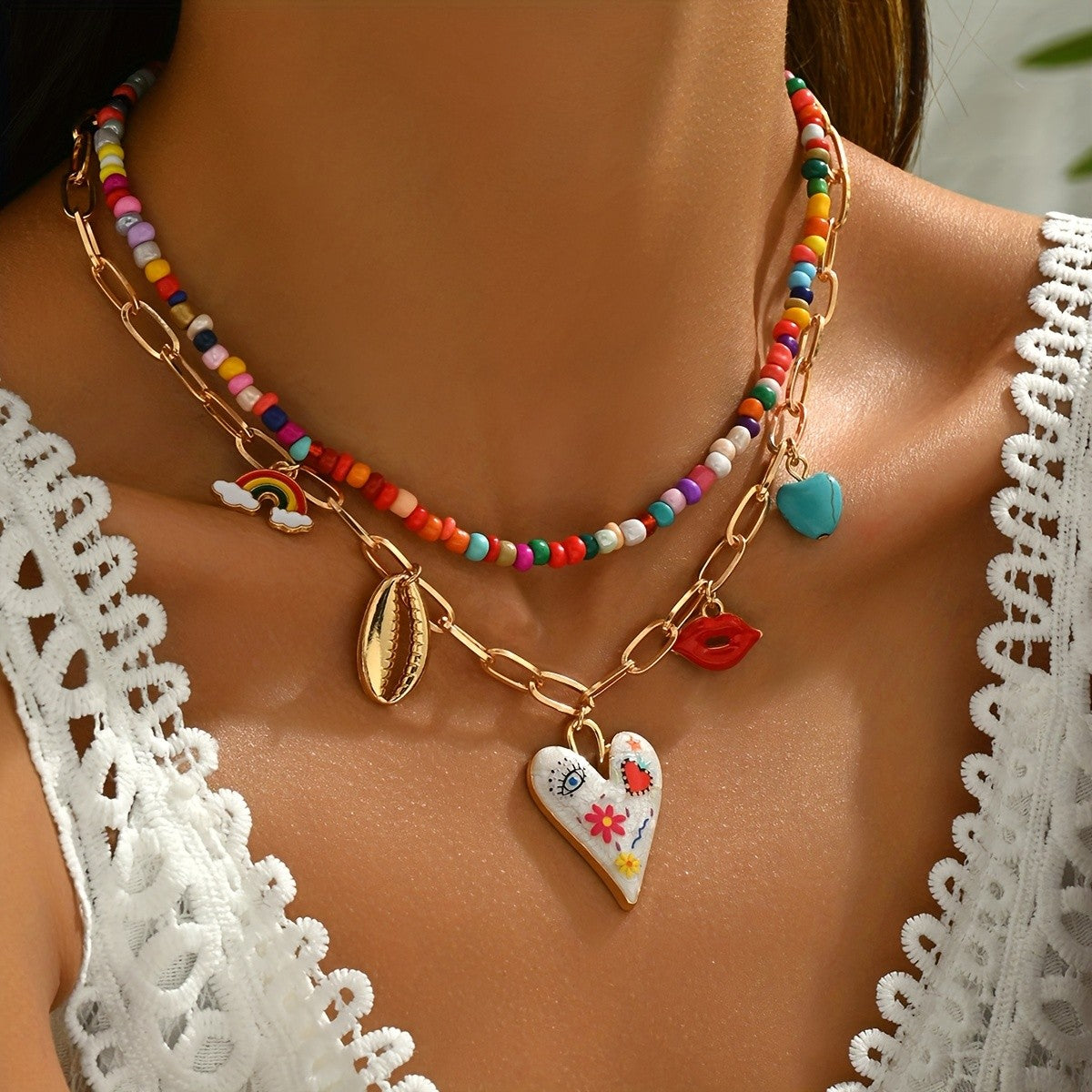 Boho Multi-Color Beaded Charm Necklace