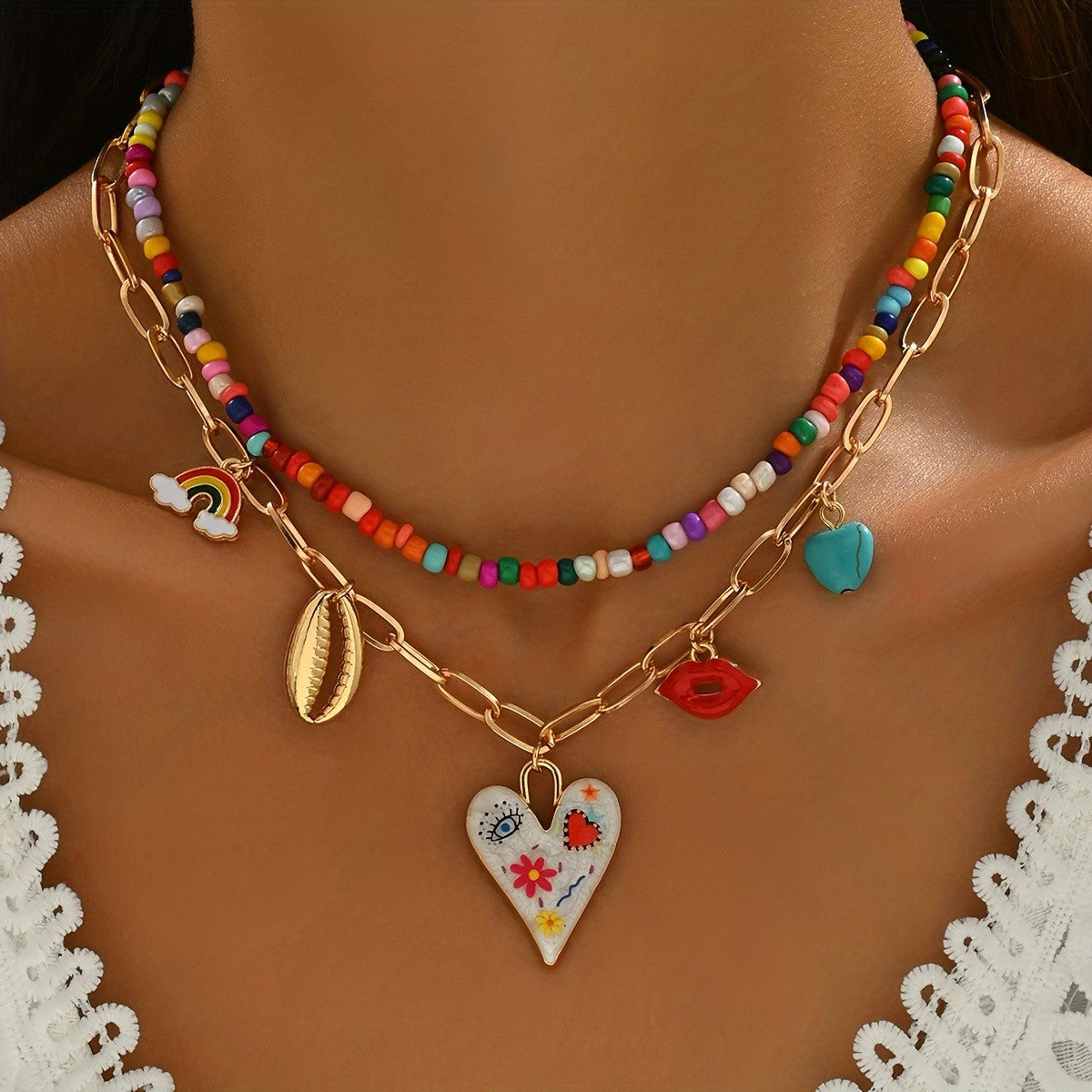 Boho Multi-Color Beaded Charm Necklace