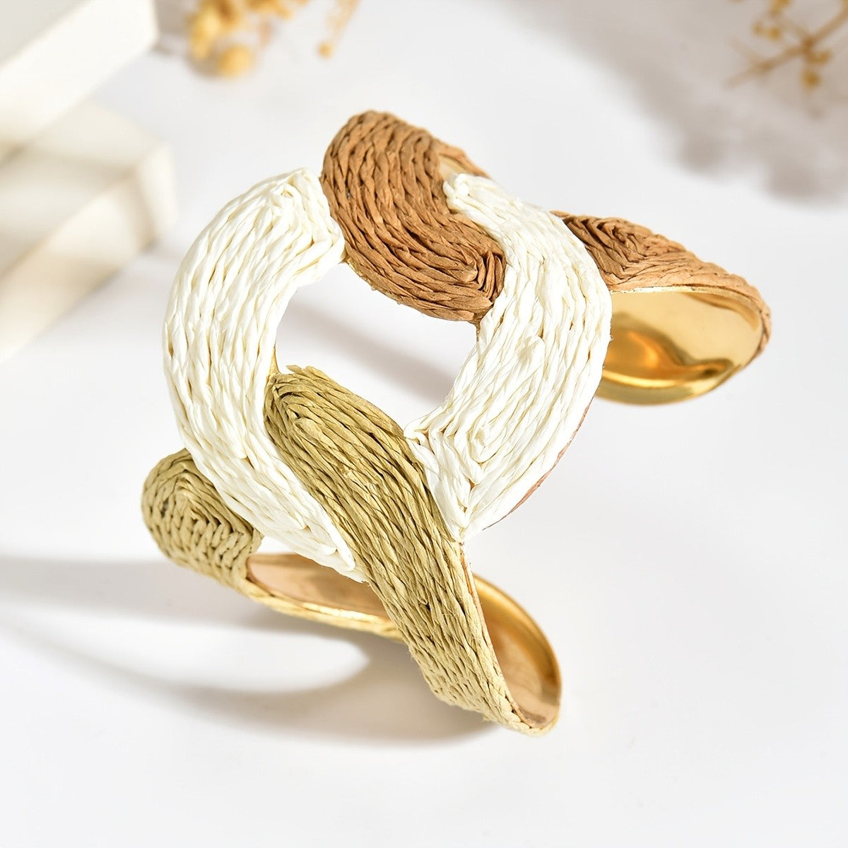 Boho Woven Raffia Open Cuff Bracelet