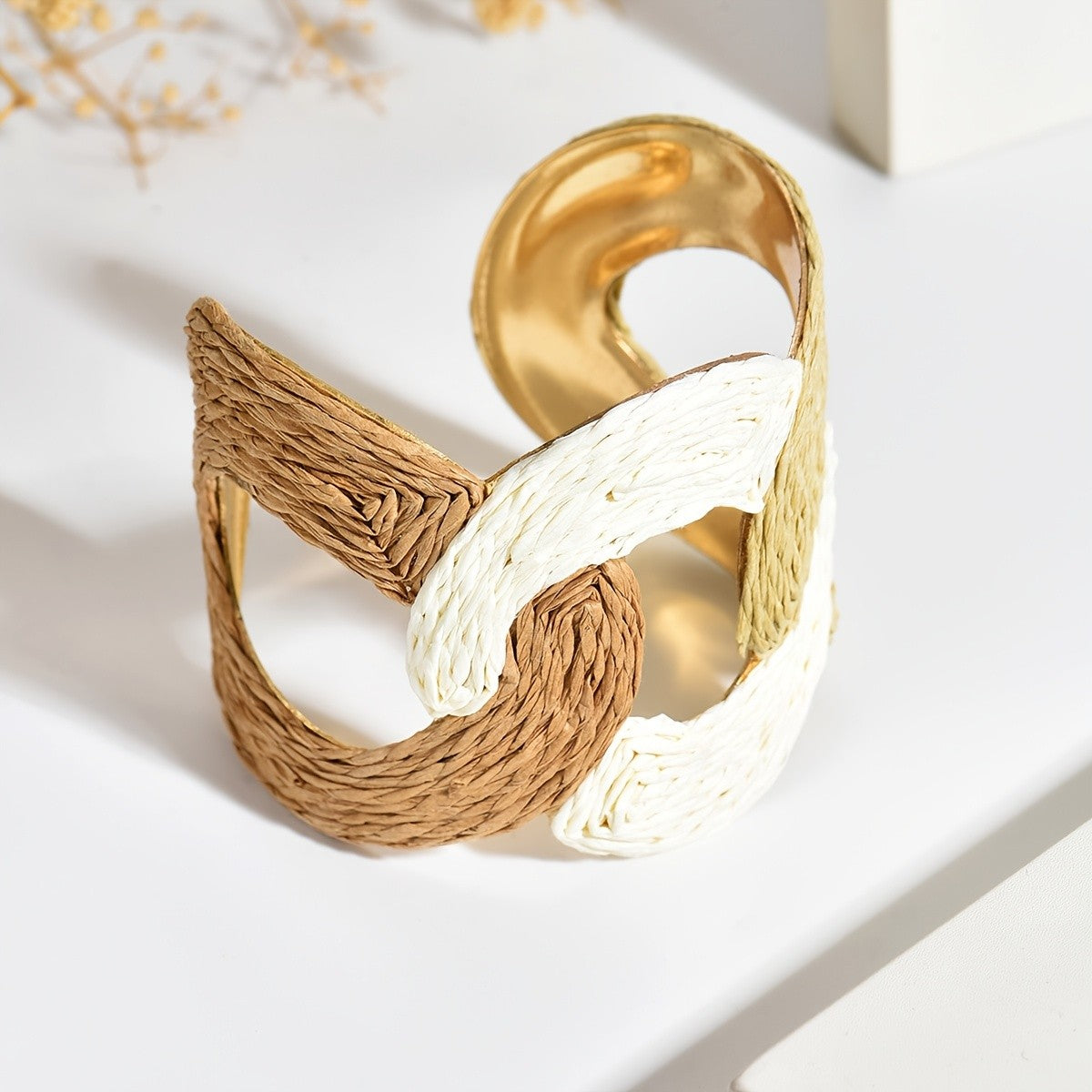 Boho Woven Raffia Open Cuff Bracelet