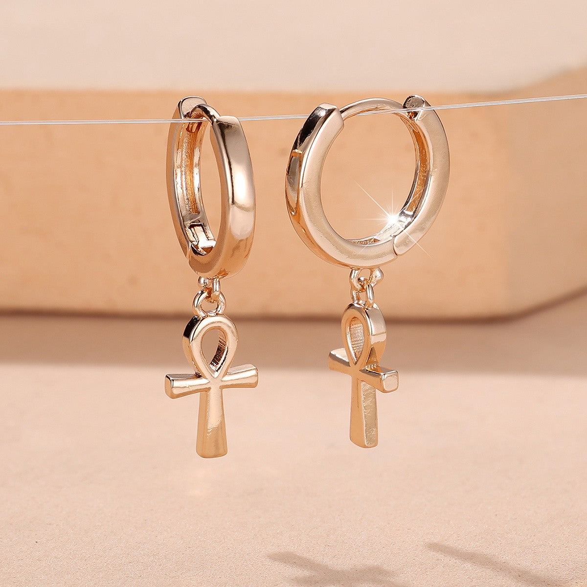 Elegant Ankh Charm Huggie Hoop Earrings