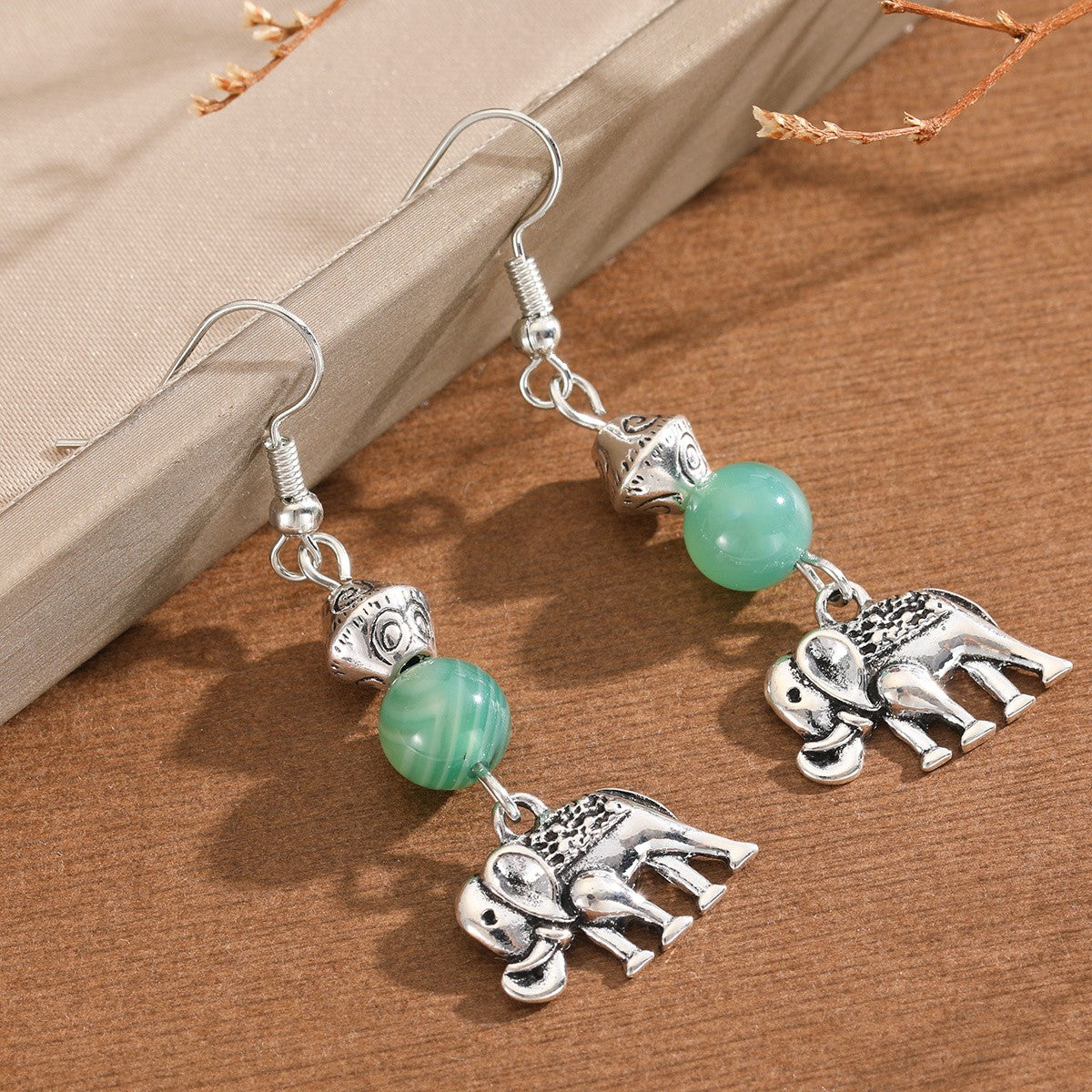 Boho Green Stone Elephant Earrings
