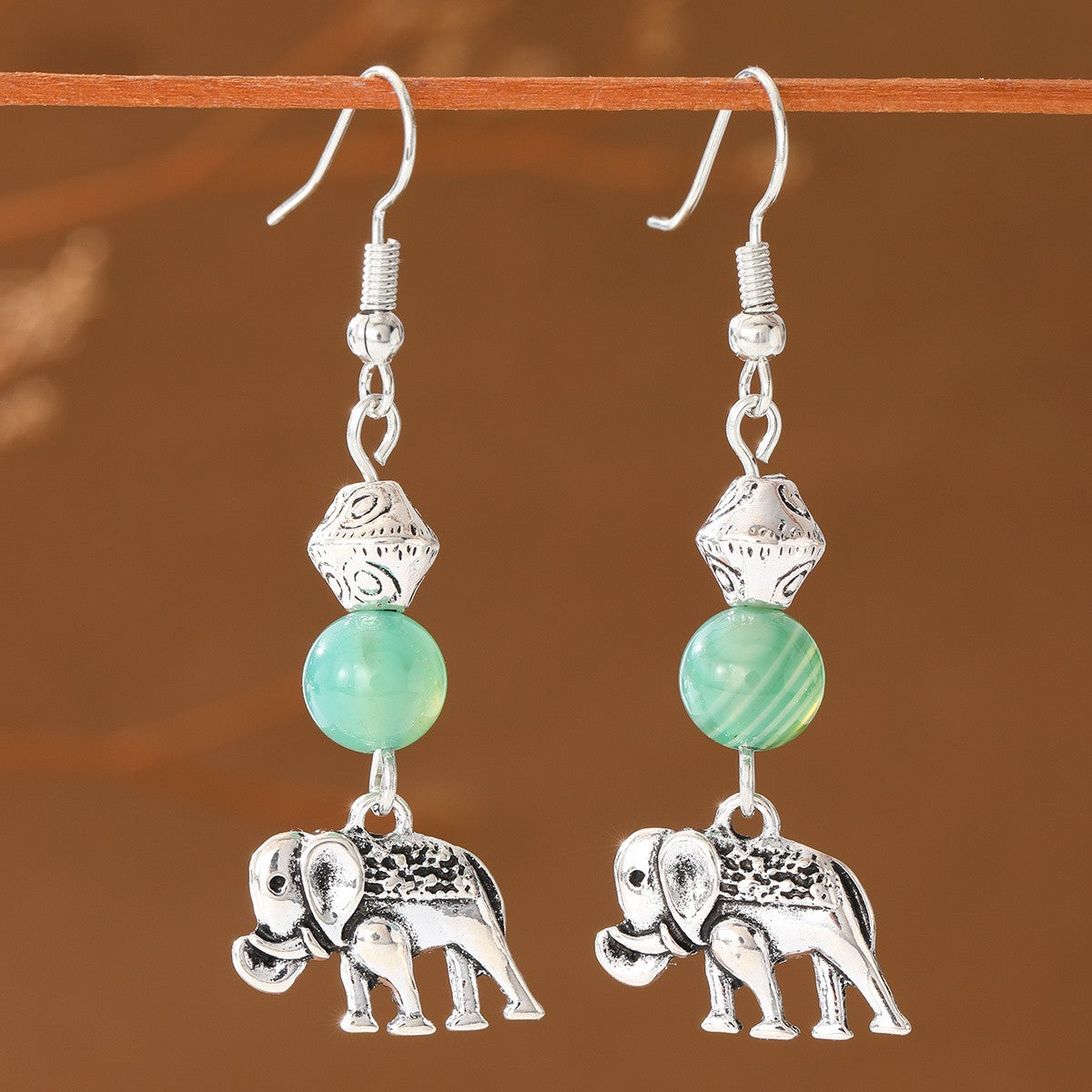 Boho Green Stone Elephant Earrings