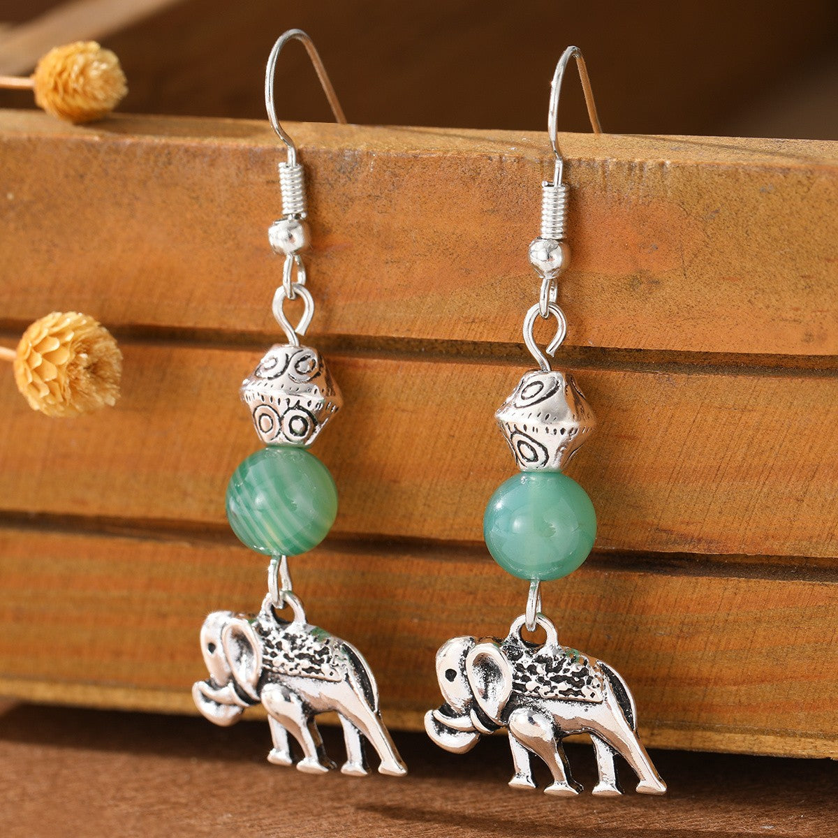 Boho Green Stone Elephant Earrings